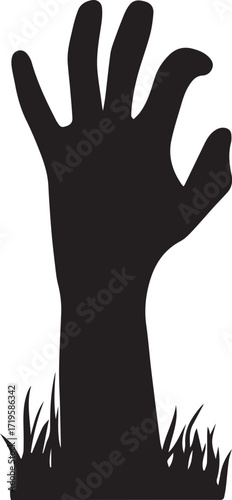 Black hand emerging from grass, black and white silhouette vector illustration