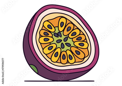 Stylized sliced passion fruit revealing its seeds on a white background, vector illustration 