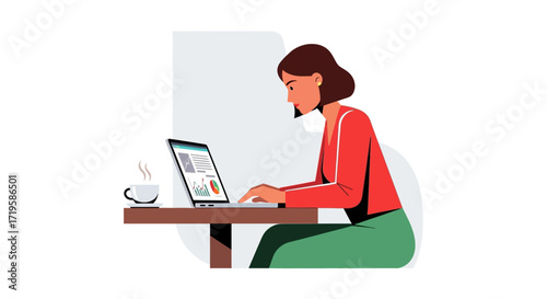Person Working on Laptop with Charts and Graphs, Wearing Headphones and Red Top, Seated at Desk with Hot Beverage