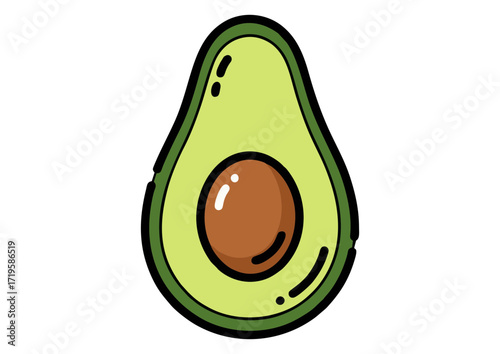 Cute avocado slice illustration with green flesh and brown pit on white background