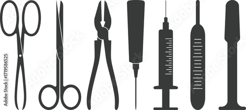 Medical tool silhouette, healthcare instrument vector, black icons set, surgical equipment illustration, diagnostic items, hospital supplies, sterile tools, white background