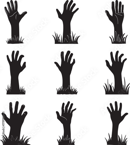 A collection of Black hand emerging from grass, black and white silhouette vector illustration