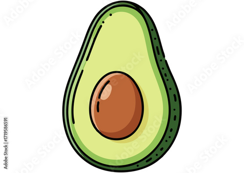 Cute avocado slice illustration with green flesh and brown pit on white background