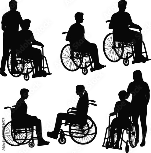 Wheelchair assistance silhouette vector, caregiver and patient illustration, mobility support icons, disabled person graphic, healthcare aid concept, black isolated design