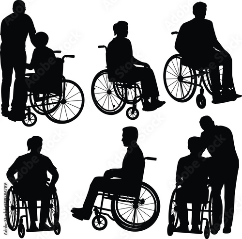 Wheelchair users silhouette, disability support, inclusive interaction, healthcare assistance, mobility aid, accessible lifestyle, rehabilitation concept, black vector icons, standing caregiver, 