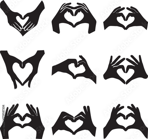 A collection of Hands forming heart shape love care  black and white silhouette vector illustration
