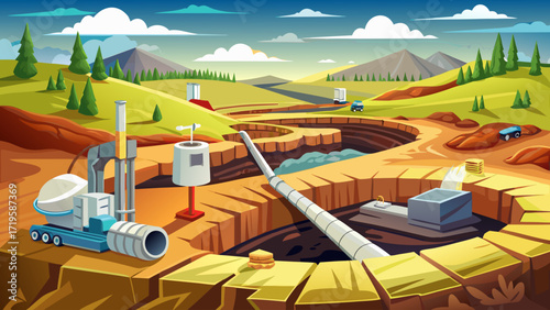 Very beautiful panorama Excavation of deep trench intersecting white PVC pipes in panoramic view.