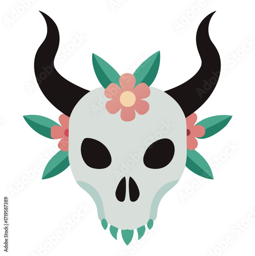 Demon skull with horns and flowing elements illustration