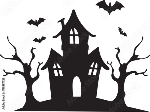 Haunted house silhouette with flying bats and bare trees, black and white silhouette vector illustration