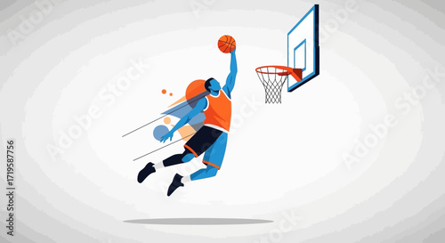 Basketball Player Performing Slam Dunk in Mid-Air with Dynamic Motion Lines and Hoop