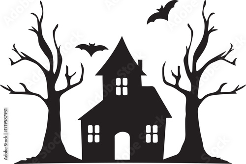 Haunted house silhouette with flying bats and bare trees, black and white silhouette vector illustration