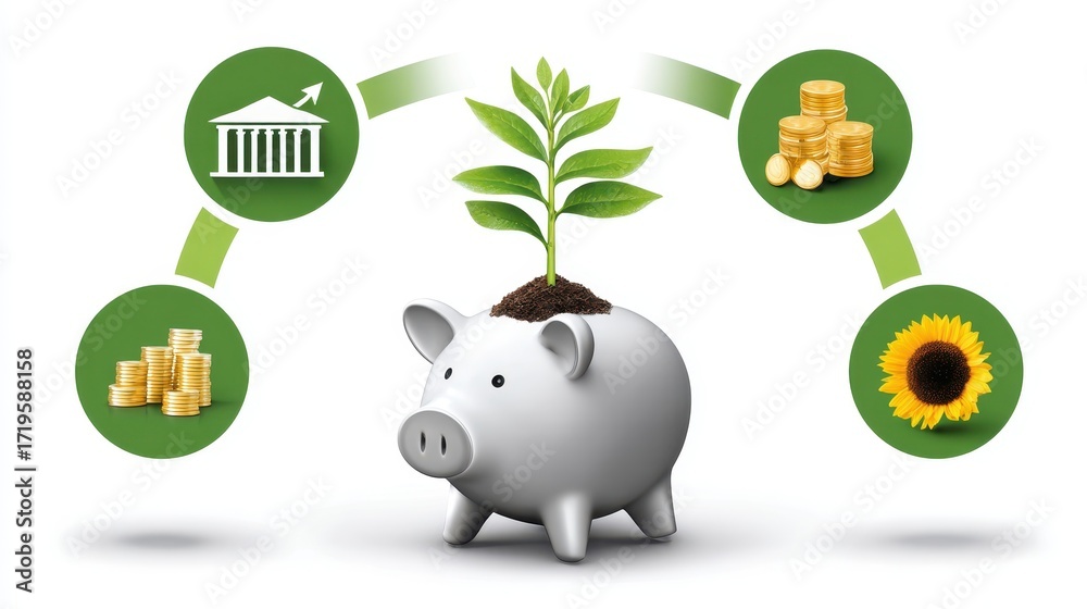 Obraz premium A piggy bank with a plant growing from it, symbolizing investment, growth, and sustainability, surrounded by coins and a sunflower.