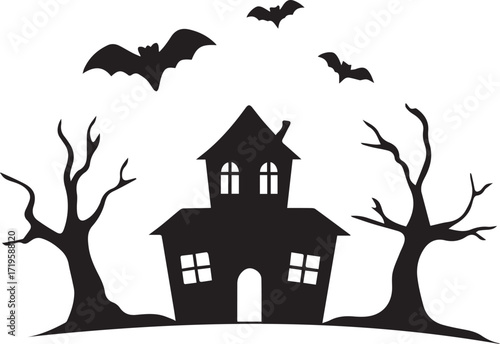 Haunted house silhouette with flying bats and bare trees, black and white silhouette vector illustration