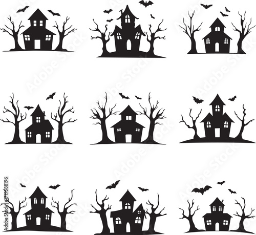 A collection of Haunted house silhouette with flying bats and bare trees, black and white silhouette vector illustration