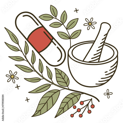Vector illustration of herbal medicine with capsule, mortar and pestle, leaves, and flowers. Perfect for health, wellness, pharmacy, naturopathy, and alternative medicine themes