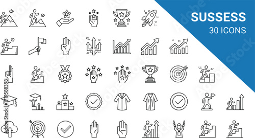 Success icons set, achievement outline symbols, business growth, motivation, leadership, career progress, goal setting, vector line art