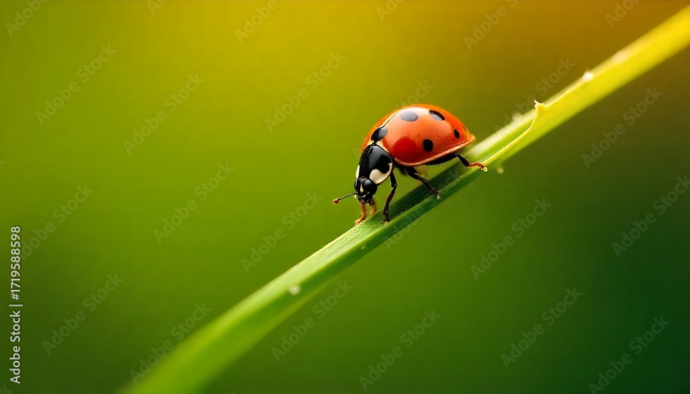 Naklejka premium Vibrant ladybug gracefully climbs a dew-kissed blade of grass with a soft, sunlit green background