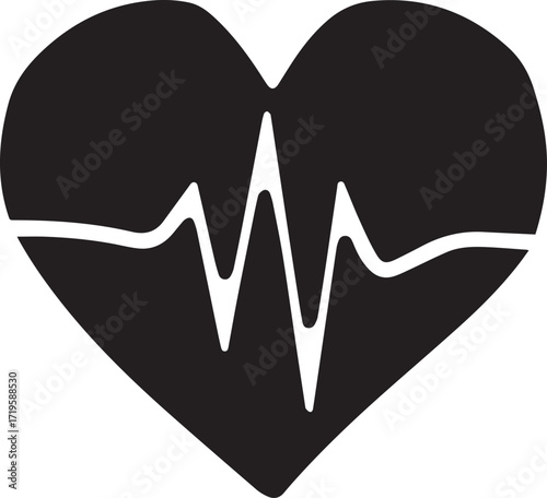 Heart with white electrocardiogram heartbeat black and white silhouette vector illustration