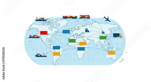 Stylized World Map with Global Trade Routes Featuring Cargo Ships, Trucks, Airplane, Freight Train, and Multicolored Containers