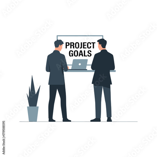 Two business professionals in suits collaborating on project goals with a laptop and whiteboard