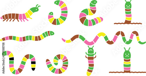 Colorful cartoon worms, showcasing various shapes and sizes of worms