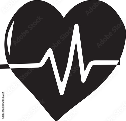Heart with white electrocardiogram heartbeat black and white silhouette vector illustration