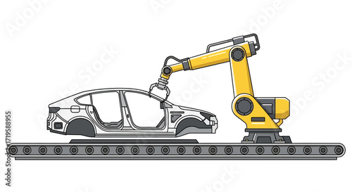 Robotic Arm Assembling Car Body on Conveyor Belt in Automated Factory Setting