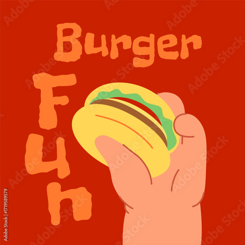 Hand of child takes a hamburger on a colored background. Fast food, comfort food