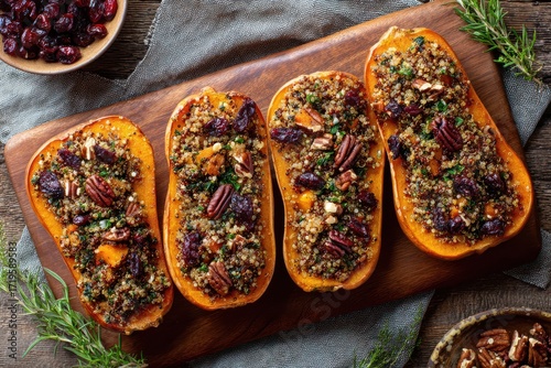 Gourmet photo of roasted squash filled with quinoa, nuts and herbs. Styled with golden baked surface, rustic linen and wood, perfect for Thanksgiving mood