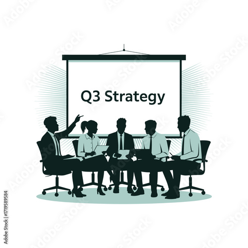 Business team in silhouette discusses q3 strategy presentation during a meeting