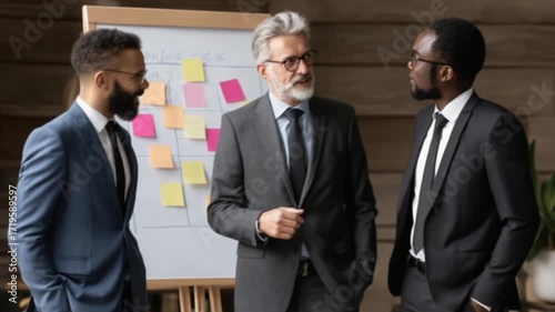 A Group of Professionals Engaging in a Collaborative Discussion Amidst Colorful Sticky Notes in a Modern Office Setting