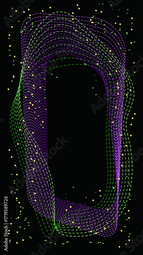 Neon green purple swirl line on black background. Optical illusion. Dots. New Innovation technology. Art trippy geometric digital backdrop. Tech card. Virtual reality.