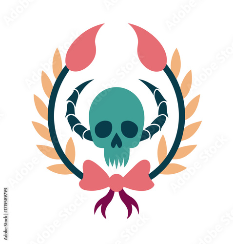 Scorpion perched on a human skull illustration