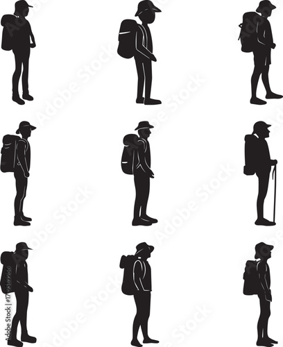 A collection of Hiker with backpack and trekking pole walking outdoor black and white silhouette vector illustration