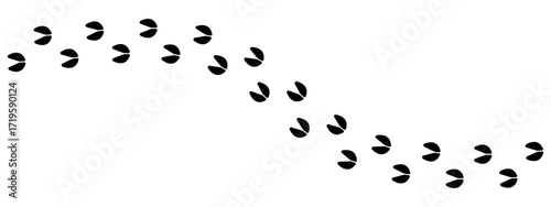 Simple trail of animal hoof prints. This black silhouette graphic shows the curved walking path of an animal with cloven hooves, such as a deer, horse, goat, or pig