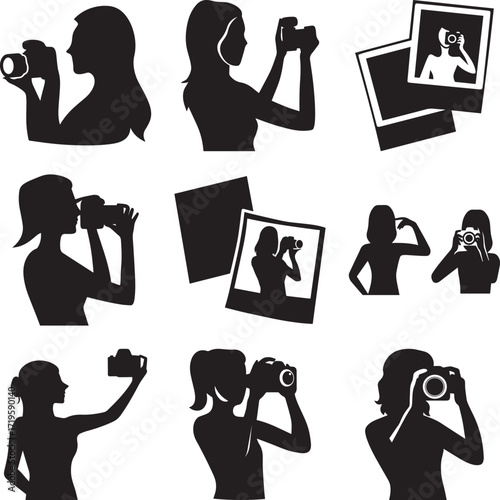 A collection of Woman holding camera capturing image person photographer black and white silhouette vector illustration