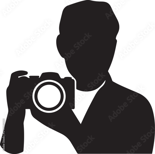 Man holding camera capturing image person photographer black and white silhouette vector illustration