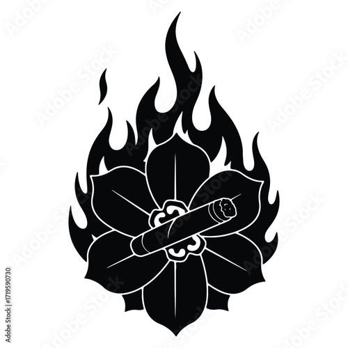 Burning Flower with Cigar Silhouette Bold and Striking Black Design