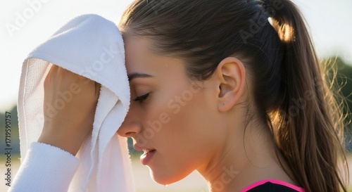 A young woman with her eyes closed wipes sweat from her forehead with a white towel after physical exertion, her hair tied back in a ponytail.