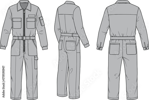 Coverall technical drawing, garment flat sketch, industrial workwear design, fashion illustration, protective clothing, uniform template, apparel blueprint, detailed sewing pattern, professional 