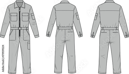 Gray coverall technical drawing, fashion garment illustration, industrial workwear design, front back side view, detailed pockets, collared neckline, long sleeves, full length pants, belt waist