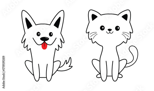 Cat and dog set. Puppy kitten face head line contour silhouette icon. Doodle animal pet icon. Cute kawaii cartoon funny character. Adopt concept. Sticker print, Flat design. White background. Vector