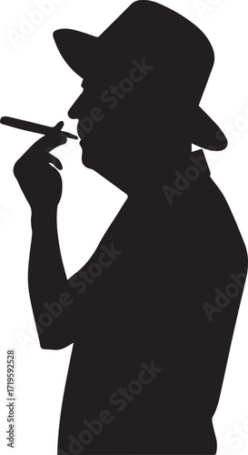 Man in hat smoking cigar silhouette vector, black and white silhouette vector illustration