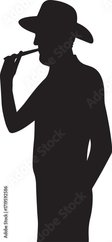 Man in hat smoking cigar silhouette vector, black and white silhouette vector illustration