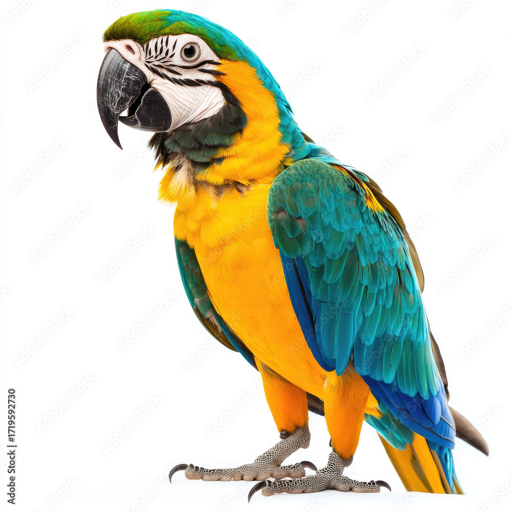 Fototapeta premium Colorful parrot with vibrant blue and yellow feathers standing