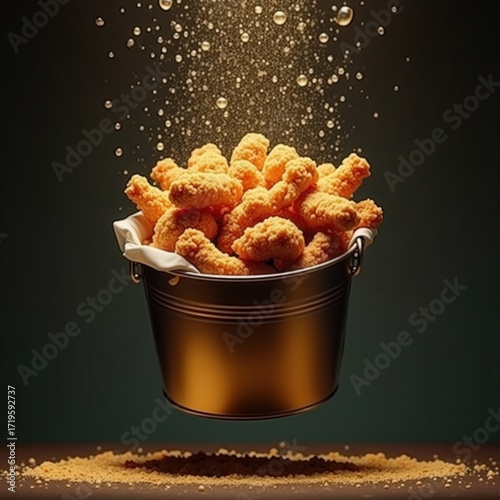 A bucket of fried chicken floating in zero gravity with crumbs and oil droplets around