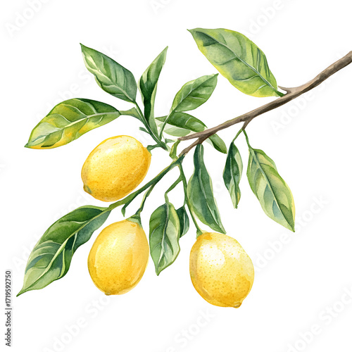 Lemon branch with leaves, watercolor hand painted citrus fruit illustration, fresh yellow botanical design for kitchen, card, packaging or food decor

