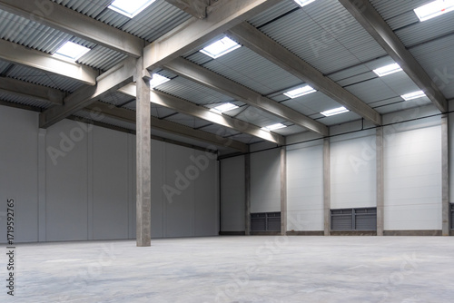 The empty interior of a large industrial warehouse. The concrete industrial hall is flooded with natural light.
