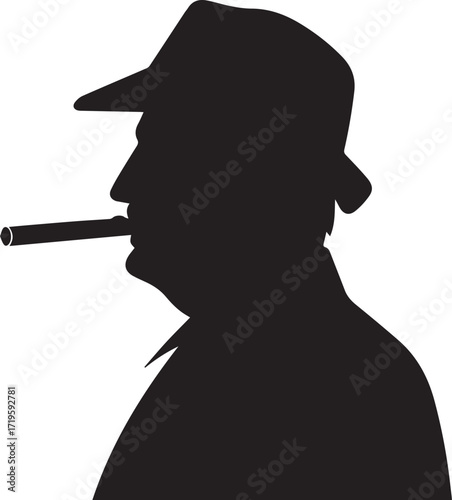 Man in hat smoking cigar silhouette vector, black and white silhouette vector illustration
