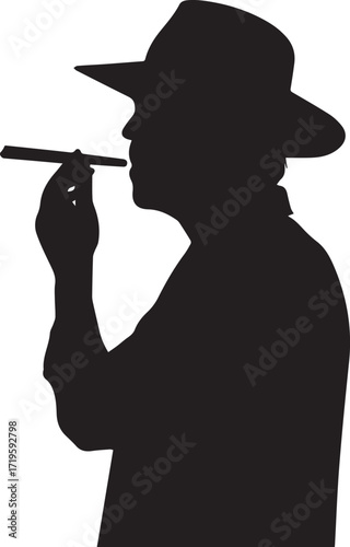 Man in hat smoking cigar silhouette vector, black and white silhouette vector illustration